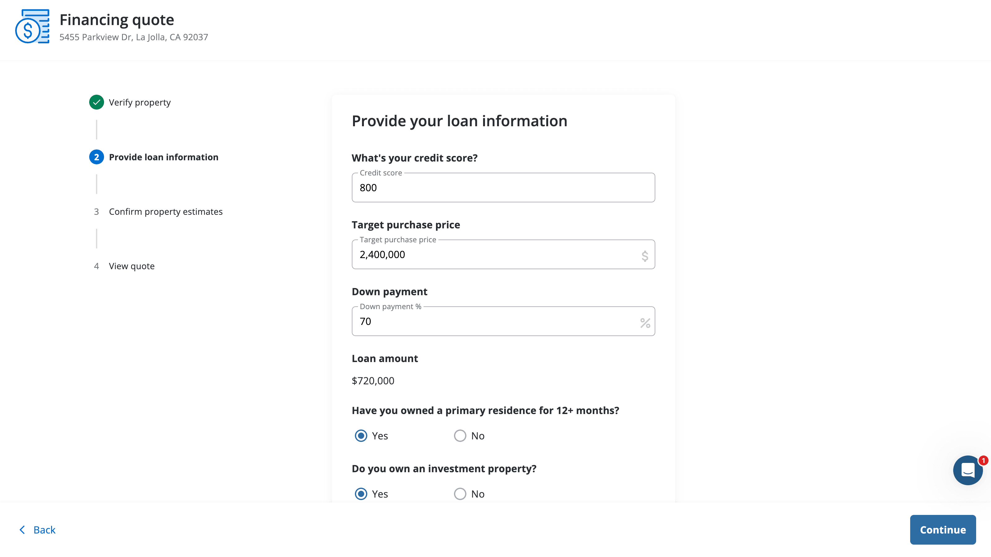 Financing quote application form