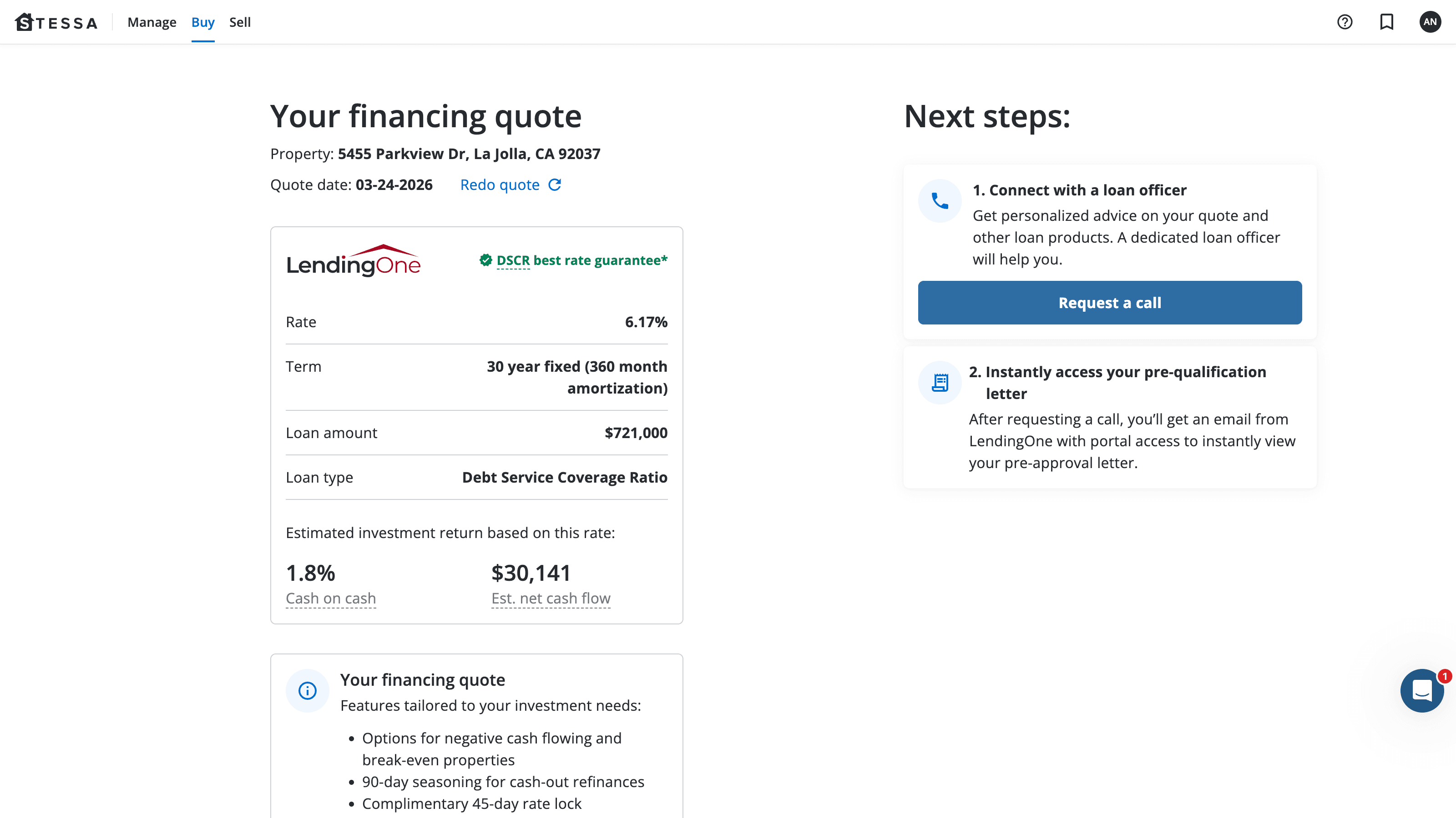 Loan quote review screen