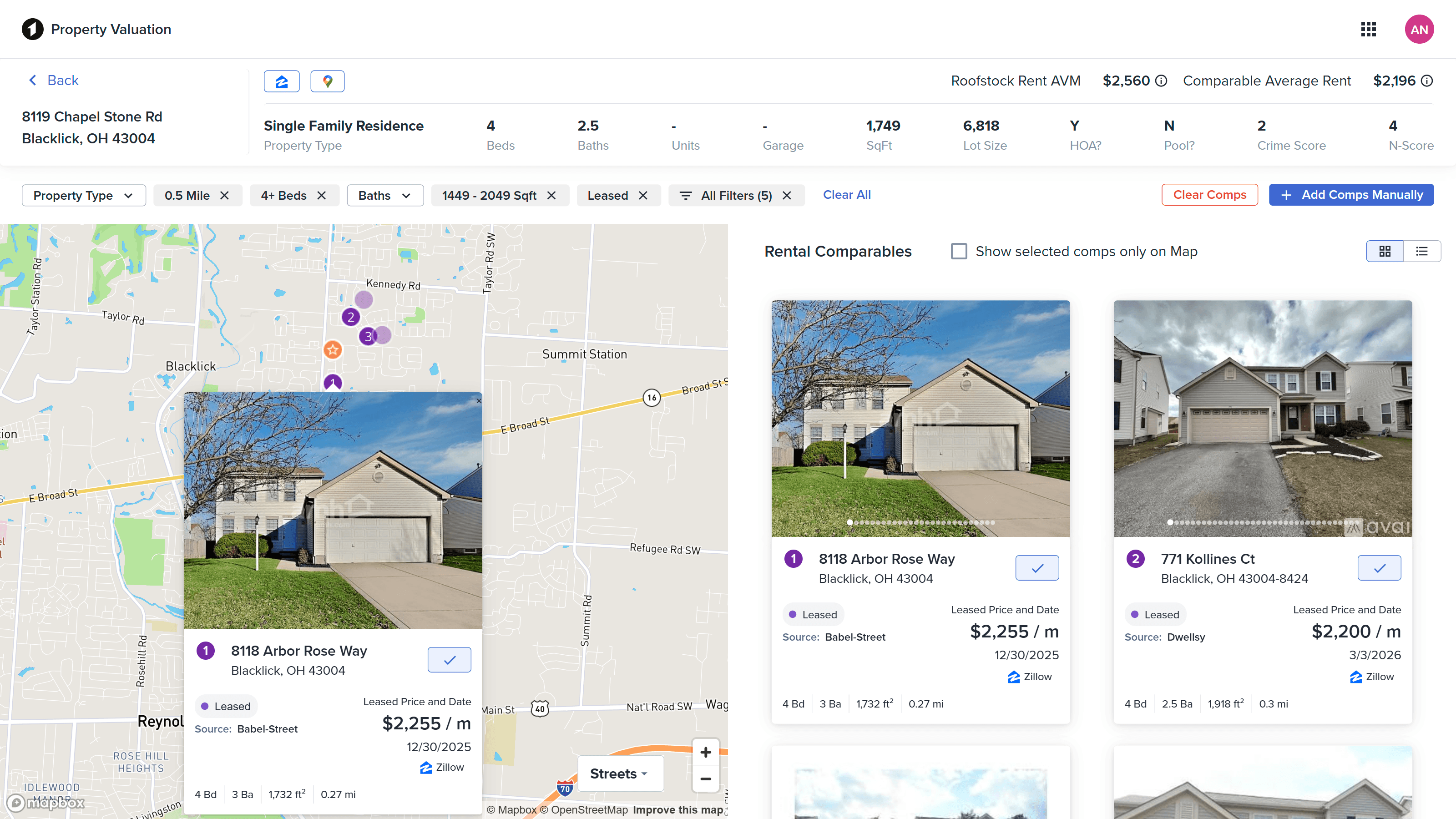 Map view of comparable rental properties